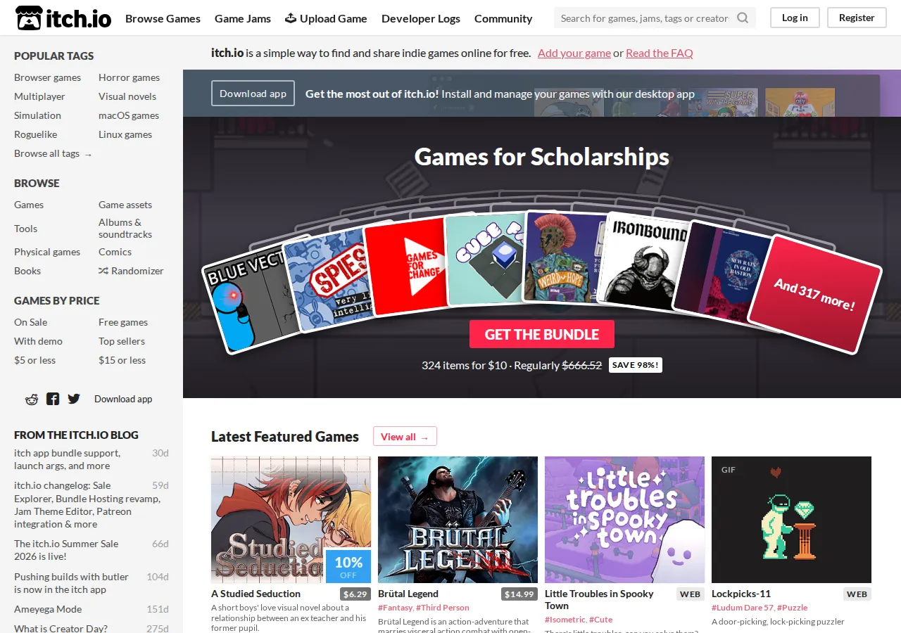 itch.io 平台界面预览 - 首页界面示意